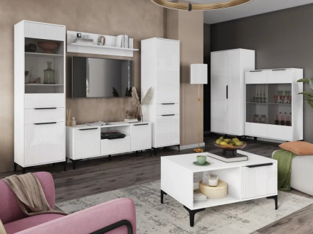 Шкаф со стеклом Кимберли, Белый/Белый глянец 